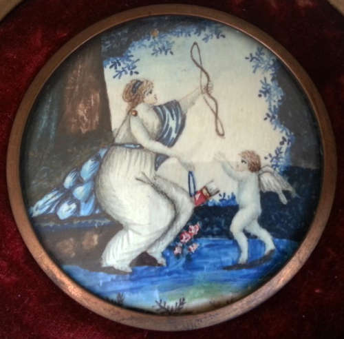 RARE 1800s VICTORIAN  MINIATURE PAINTING, HAND PAINTED ONTO IVORY,  FRAMED BEHIND  GLASS,