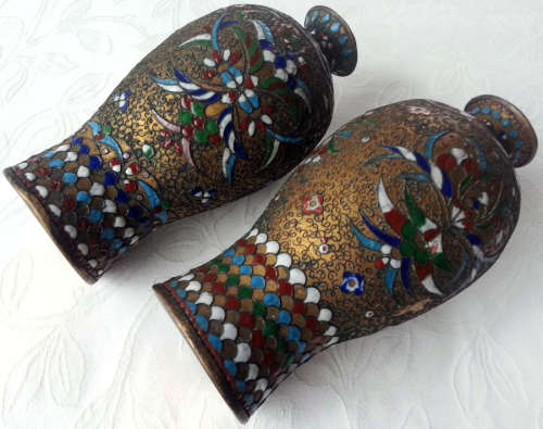 PAIR OF ANTIQUE, CHINESE BRASS AND ENAMELED VASES.