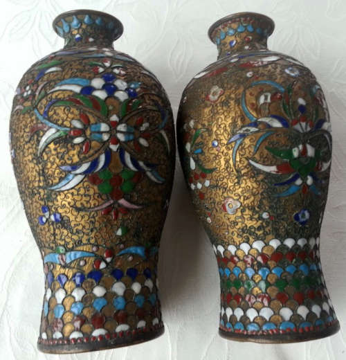 PAIR OF ANTIQUE, CHINESE BRASS AND ENAMELED VASES.