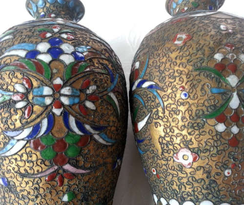 PAIR OF ANTIQUE, CHINESE BRASS AND ENAMELED VASES.