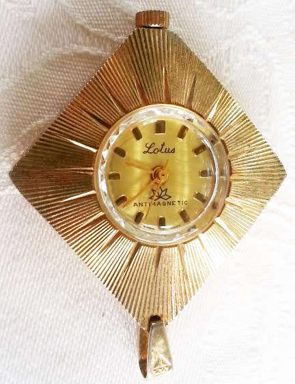 VINTAGE, RETRO LOOKING SUNBURST DESIGN, LOTUS, SWISS MOVEMENT, GOLD TONE, NECKLACE PENDANT WATCH