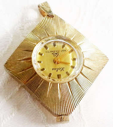 VINTAGE, RETRO LOOKING SUNBURST DESIGN, LOTUS, SWISS MOVEMENT, GOLD TONE, NECKLACE PENDANT WATCH