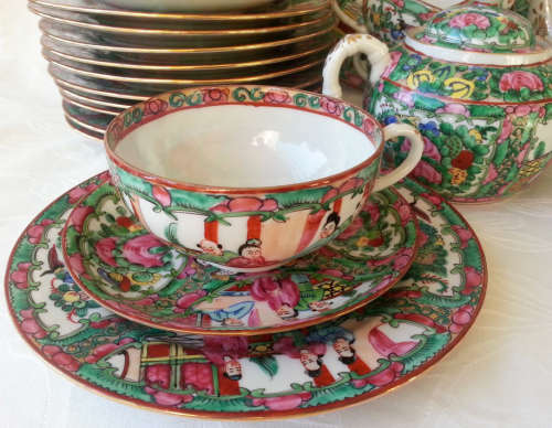 PRETTY IN PINK , BLUES AND GREENS, HIGHLIGHTED WITH GOLD... CHINESE HAND PAINTED SET OF TRIOS
