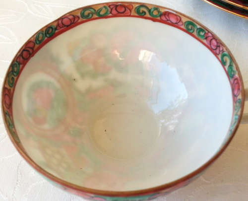 PRETTY IN PINK , BLUES AND GREENS, HIGHLIGHTED WITH GOLD... CHINESE HAND PAINTED SET OF TRIOS