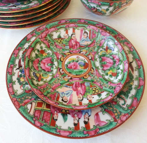 PRETTY IN PINK , BLUES AND GREENS, HIGHLIGHTED WITH GOLD... CHINESE HAND PAINTED SET OF TRIOS