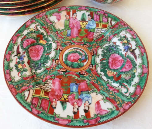 PRETTY IN PINK , BLUES AND GREENS, HIGHLIGHTED WITH GOLD... CHINESE HAND PAINTED SET OF TRIOS