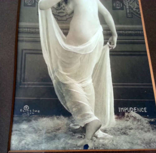 ANTIQUE 1916 PAIR OF RISQUE,  WOMAN PRINTS, ENTICEMENT AND IMPUDENCE SEPIA WITH LIGHT COLOURING