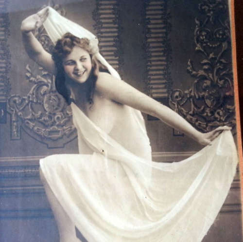 ANTIQUE 1916 PAIR OF RISQUE,  WOMAN PRINTS, ENTICEMENT AND IMPUDENCE SEPIA WITH LIGHT COLOURING