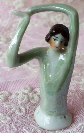 VINTAGE ART DECOR, FLAPPER FIGURINE, PIN CUSHION  PORCELAIN HALF DOLL