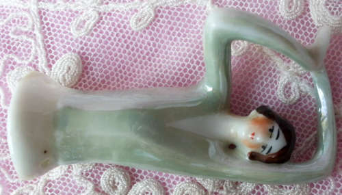 VINTAGE ART DECOR, FLAPPER FIGURINE, PIN CUSHION  PORCELAIN HALF DOLL