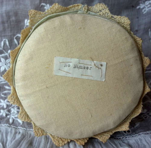 PRETTY AND DAINTY, ANTIQUE / VINTAGE PORCELAIN PIN CUSHION HALF DOLL DRESSED IN VINTAGE FABRIC