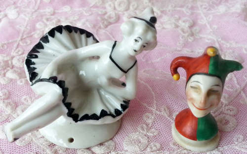 ANTIQUE  PORCELAIN PIN CUSHION / TEA COSY HALF DOLLS
