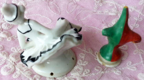 ANTIQUE  PORCELAIN PIN CUSHION / TEA COSY HALF DOLLS