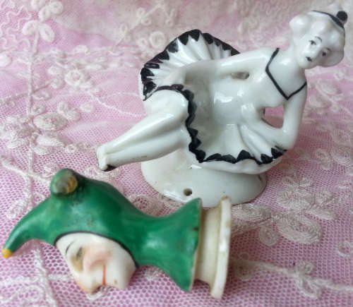 ANTIQUE  PORCELAIN PIN CUSHION / TEA COSY HALF DOLLS