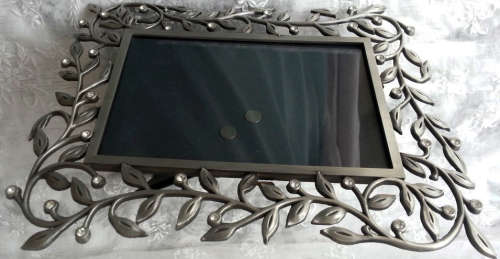 ORNATE WITH SWIRLS, LEAVES AND A SPRINKLING OF " DIAMONDS" SILVER TONE METAL PHOTOGRAPH FRAME, GLASS