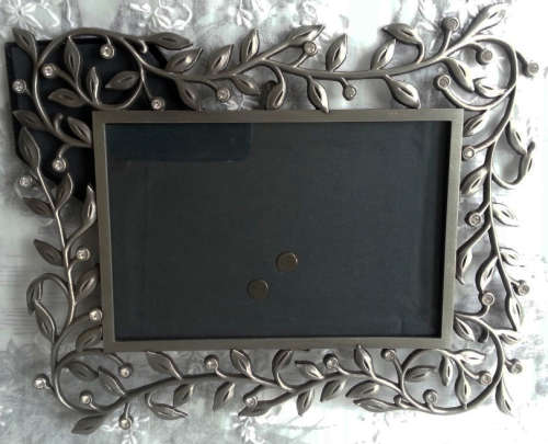 ORNATE WITH SWIRLS, LEAVES AND A SPRINKLING OF " DIAMONDS" SILVER TONE METAL PHOTOGRAPH FRAME, GLASS