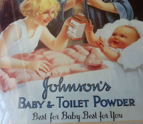 JOHNSONS POWDER  ADVERTISING PRINT OF A MOTHER, LITTLE GIRL AND BABY  FRAMED BEHIND GLASS