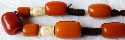 UPCYCLED  BEAD NECKLACE, USING 11 VINTAGE BUTTERSCOTCH BAKELITE BEADS, BONE, AND METAL