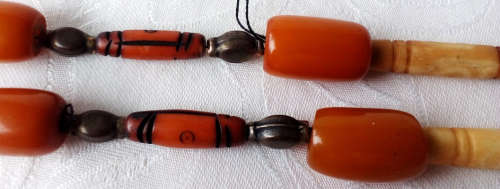 UPCYCLED  BEAD NECKLACE, USING 11 VINTAGE BUTTERSCOTCH BAKELITE BEADS, BONE, AND METAL