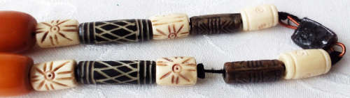 UPCYCLED  BEAD NECKLACE, USING 11 VINTAGE BUTTERSCOTCH BAKELITE BEADS, BONE, AND METAL
