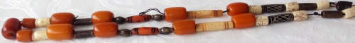 UPCYCLED  BEAD NECKLACE, USING 11 VINTAGE BUTTERSCOTCH BAKELITE BEADS, BONE, AND METAL
