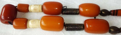 UPCYCLED  BEAD NECKLACE, USING 11 VINTAGE BUTTERSCOTCH BAKELITE BEADS, BONE, AND METAL