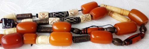 UPCYCLED  BEAD NECKLACE, USING 11 VINTAGE BUTTERSCOTCH BAKELITE BEADS, BONE, AND METAL