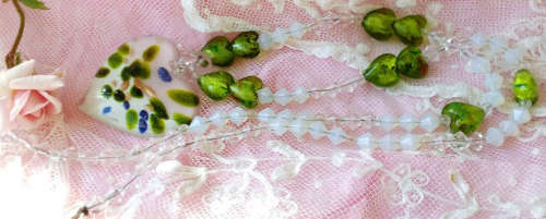 A BEAUTIFUL AND UNUSUAL MURANO BOHO BOHEMIAN , SILVER FOIL, HEART BEAD NECKLACE WITH HEART PENDANT