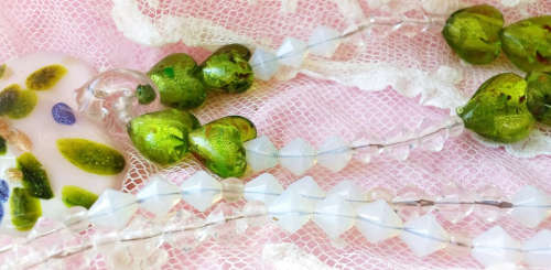 A BEAUTIFUL AND UNUSUAL MURANO BOHO BOHEMIAN , SILVER FOIL, HEART BEAD NECKLACE WITH HEART PENDANT