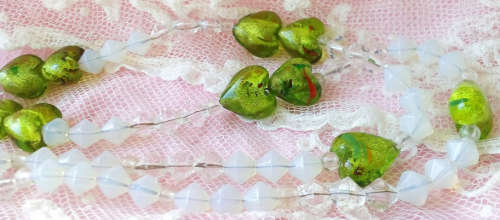 A BEAUTIFUL AND UNUSUAL MURANO BOHO BOHEMIAN , SILVER FOIL, HEART BEAD NECKLACE WITH HEART PENDANT