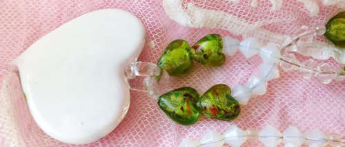 A BEAUTIFUL AND UNUSUAL MURANO BOHO BOHEMIAN , SILVER FOIL, HEART BEAD NECKLACE WITH HEART PENDANT