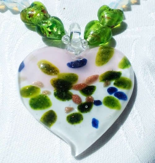 A BEAUTIFUL AND UNUSUAL MURANO BOHO BOHEMIAN , SILVER FOIL, HEART BEAD NECKLACE WITH HEART PENDANT