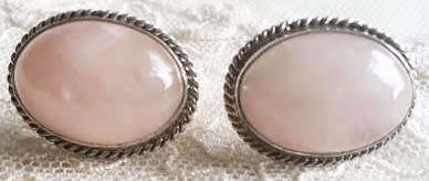 PRETTY PINK ROSE QUARTZ AND SILVER SCREW ON EARRINGS, MARKED SILVER.
