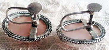 PRETTY PINK ROSE QUARTZ AND SILVER SCREW ON EARRINGS, MARKED SILVER.