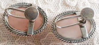PRETTY PINK ROSE QUARTZ AND SILVER SCREW ON EARRINGS, MARKED SILVER.