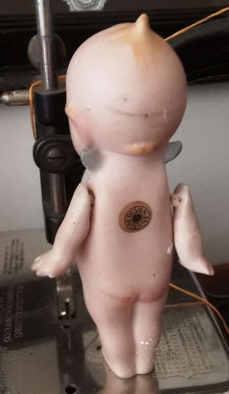 Antique Rose O`Neill Bisque / Porcelain , German Miniature 14cm Kewpie all Stamps and Stickers
