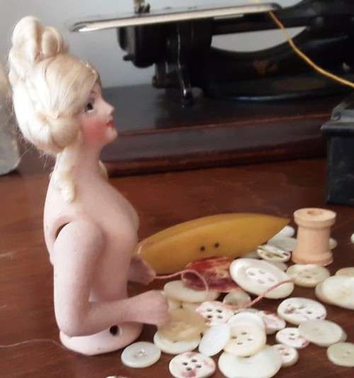 Antique Pin Cushion Bisque half Doll with mohair wig, reserved
