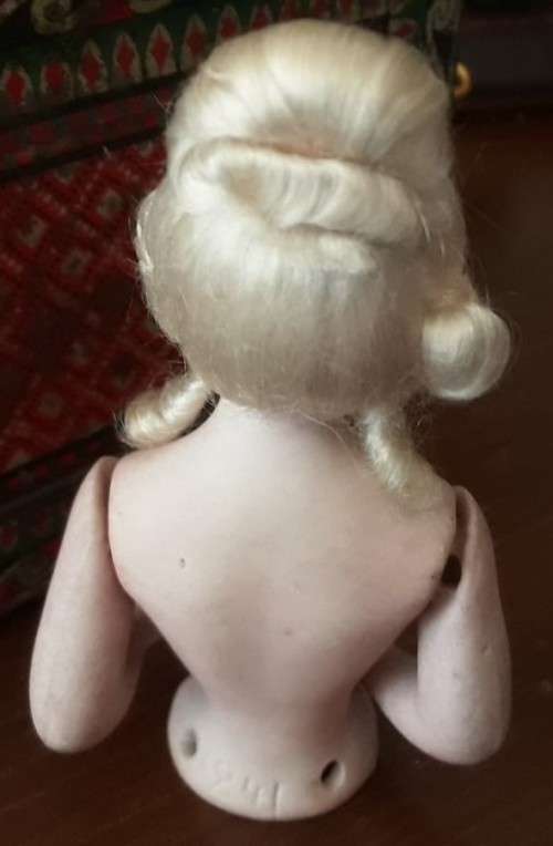 Antique Pin Cushion Bisque half Doll with mohair wig, reserved