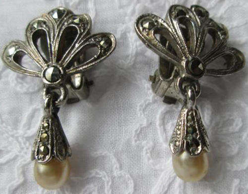 SWEET AND DAINTY, CLIP ON, MARCASITE EARINGS SET WITH FAUX PEARLS