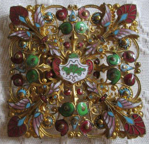 ART NOUVEAU, ONE HALF OF A NURSES  BELT BUCKLE, ENAMEL AND GILT METAL