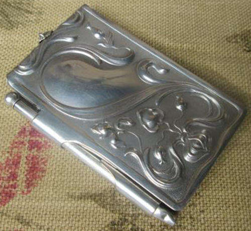 ANTIQUE SILVER PLATED, CHATELAINE ART NOUVEAU NOTE BOOK HOLDER AND PROPELLING PENCIL