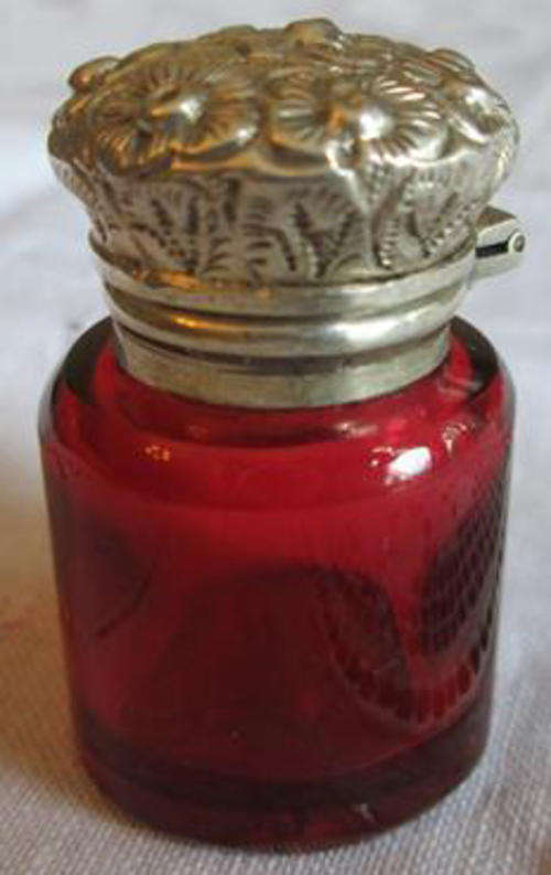 DAINTY AND PRETTY,  CRANBERRY GLASS AND SILVER SCENT BOTTLE WITH STOPPER