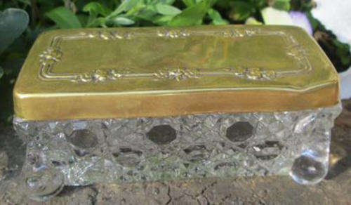ALMOST ANTIQUE PRESSED GLASS TRINKET DISH WITH A BRASS LID, SILVER PLATING WORN OFF !!!