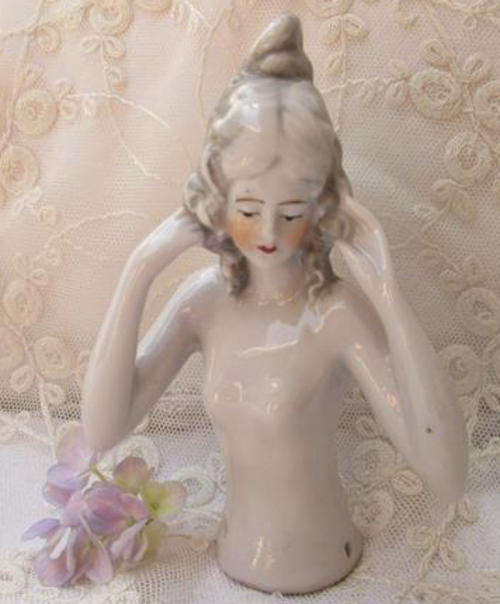 MEDIUM SIZE ANTIQUE PORCELAIN PIN CUSHION / TEA COSY HALF DOLL