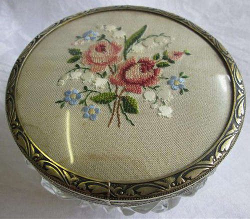 VINTAGE GLASS POWDER / TRINKET BOWL WITH AN EMBROIDERED PETTI POINT LID / COVER