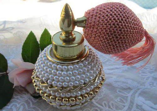 GLASS SCENT BOTTLE COVERED WITH PEARLS, VERY PRETTY