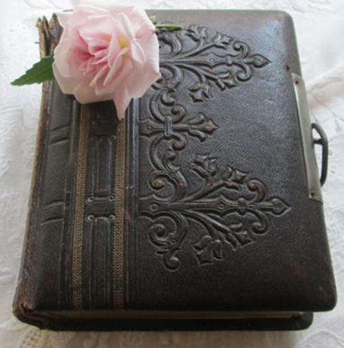 1880 ANTIQUE, LEATHER COVERED, CARTE de VISTE PHOTO ALBUM WITH COLOURED PRINTED FLORAL PAGES