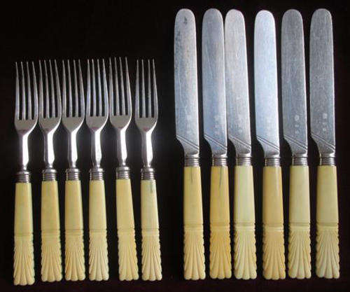 ART DECO DESIGN, ANTIQUE  IVORY / BONE HANDLED KNIVES AND FORKS