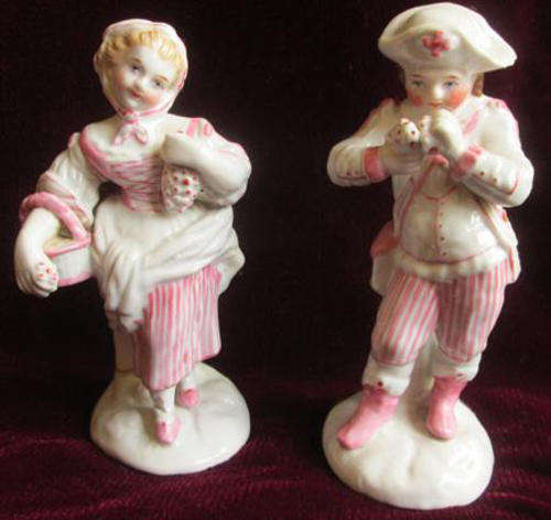 ANTIQUE, VICTORIAN OR OLDER ?   PAIR OF PORCELAIN FIGURINES, WHITE WITH PINK DETAIL, HEAVY QUALITY