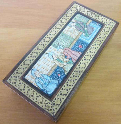 HAND PAINTED PERSIAN WOODEN TRINKET BOX, LINED WITH RED VELVET, INLAYED BANDS OF BRASS EDGINGS
